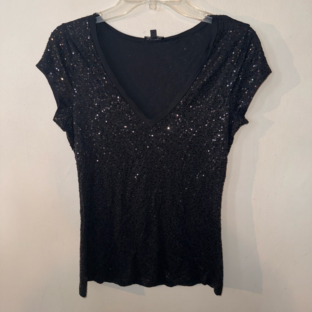 Express Black Sequin V-Neck Women's Top